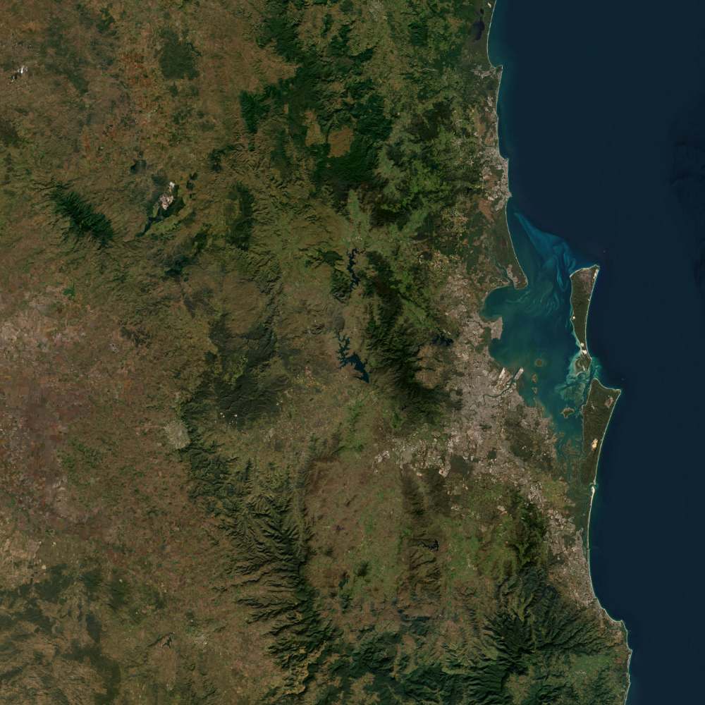 Satellite view of South East Queensland — Brisbane, Moreton Bay, the Gold Coast and the Sunshine Coast